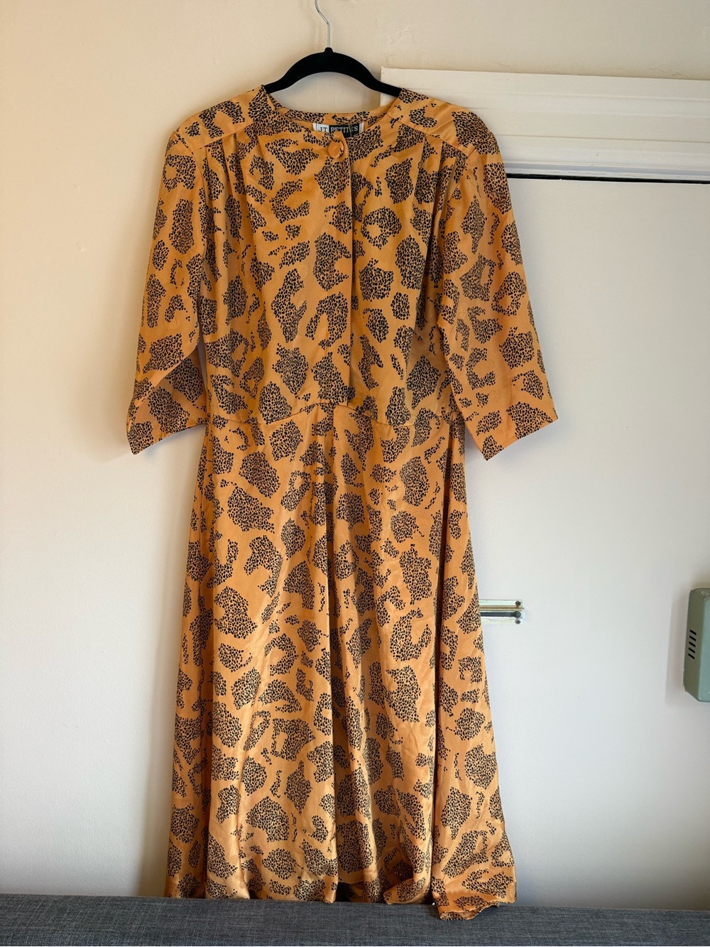Vintage Mustard Yellow Midi Dress with Black Animal Spot Print